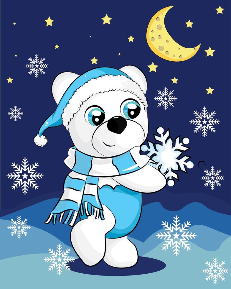 oso polar con pañuelo azul en la noche. vector personaje de dibujos animados lindo. oso blanco sobre fondo azul con copos de nieve. concepto de navidad. perfecto para tarjetas de felicitación navideñas