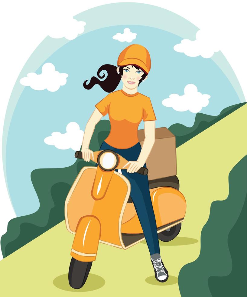 vector de dibujos animados niña montando scooter. Plantilla de fondo de cartel de servicio de paquete de entrega con personaje femenino en motocicleta entregando caja de paquetes con sonrisa. diseño promocional de la empresa de transporte