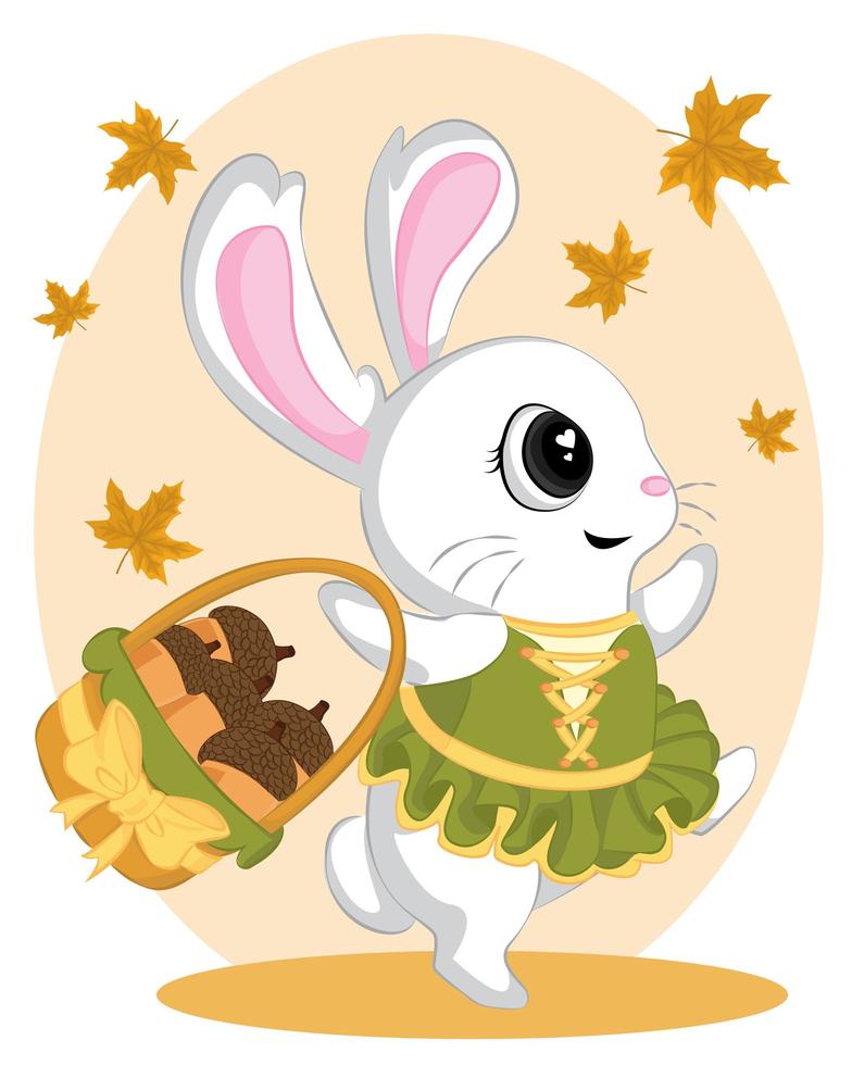 Dancing rabbit in autumn brings baskets with walnuts.  little bunny with autumn leaves vector