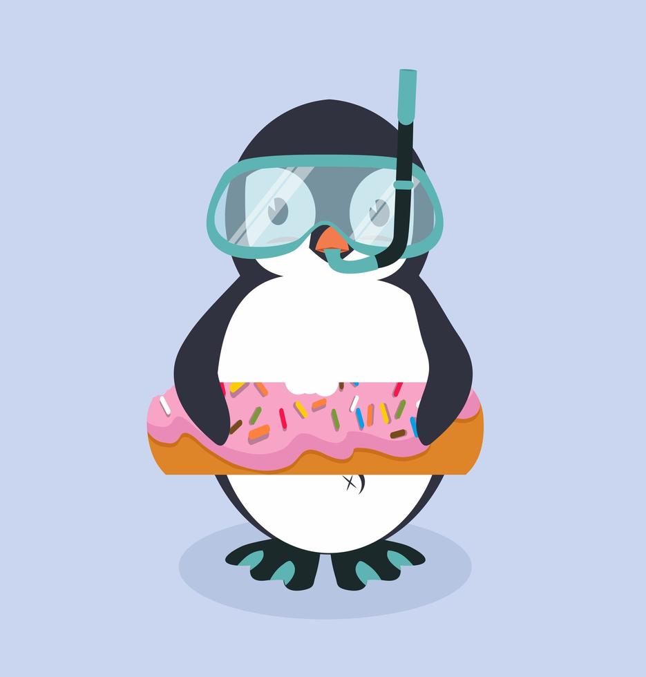 caricatura, lindo, pingüino, con, donut, piscina, flotador vector