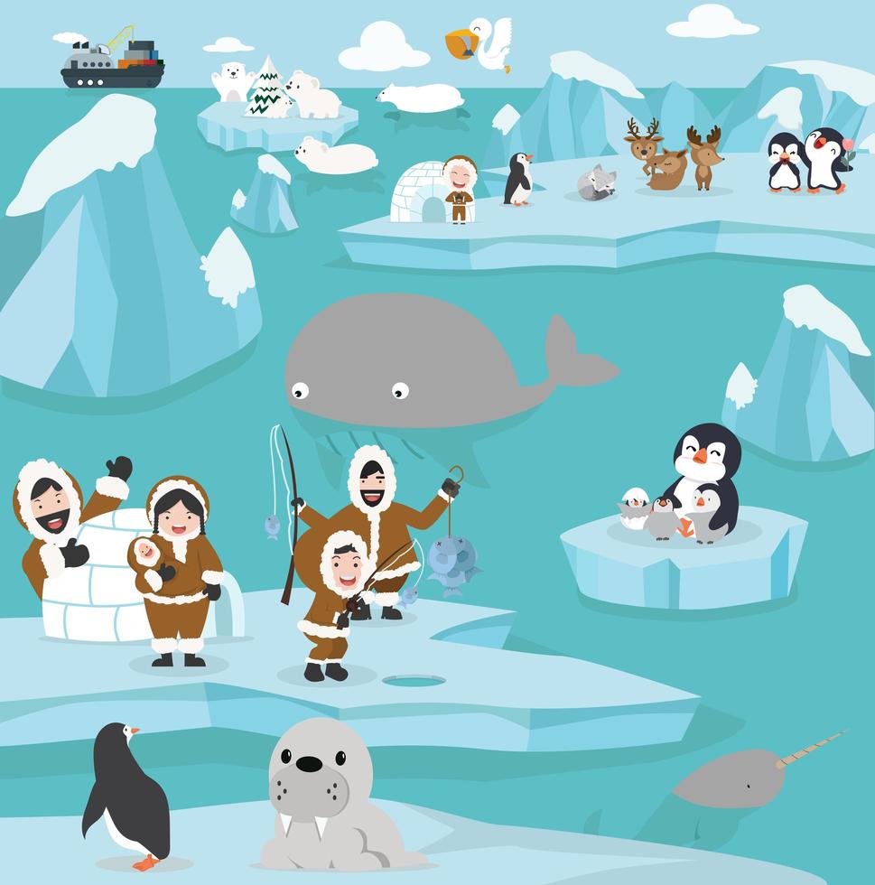 Cute arctic animals  cartoon set background vector