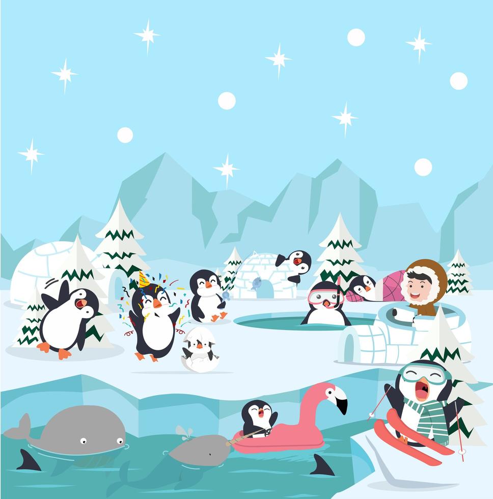 escena de invierno con pingüinos vector