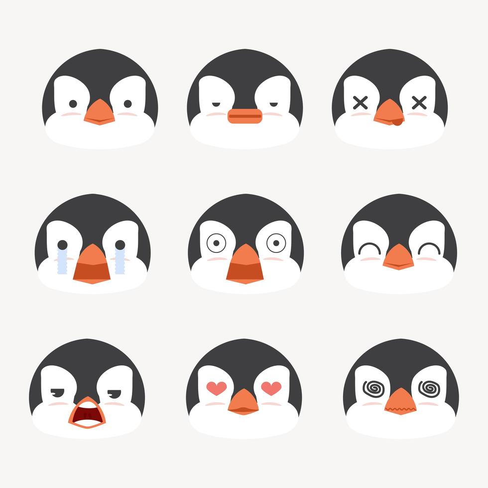 caricatura, pingüinos, cara, emoción, conjunto vector