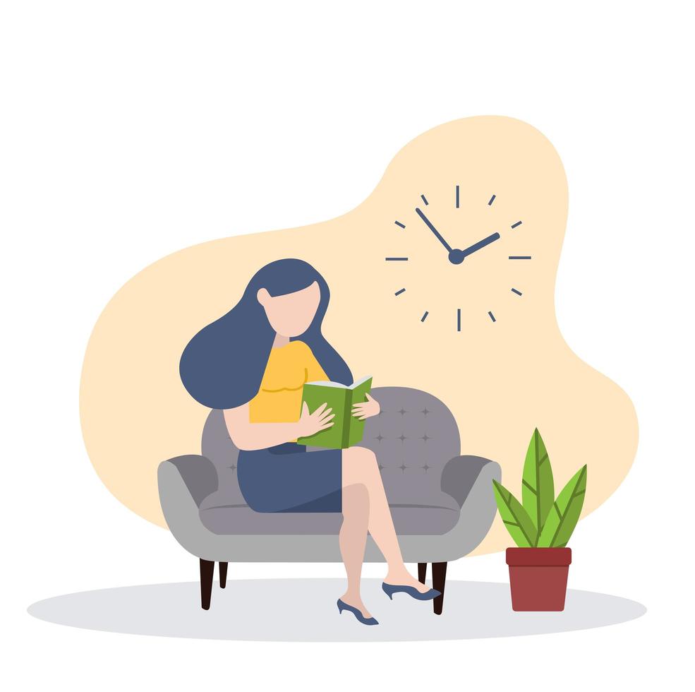 woman reading a book on the sofa vector
