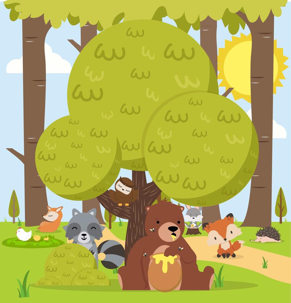 Cute woodland forest animals cartoon character background vector