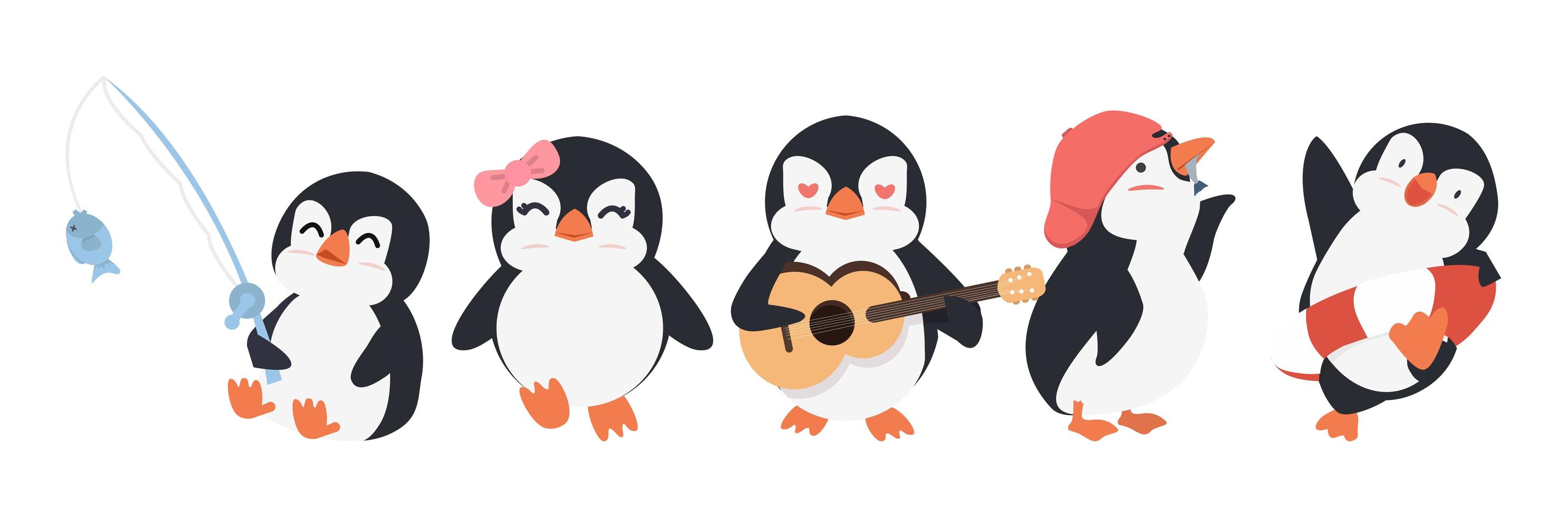 lindo, caricatura, pingüino, en, diferente, poses, conjunto vector