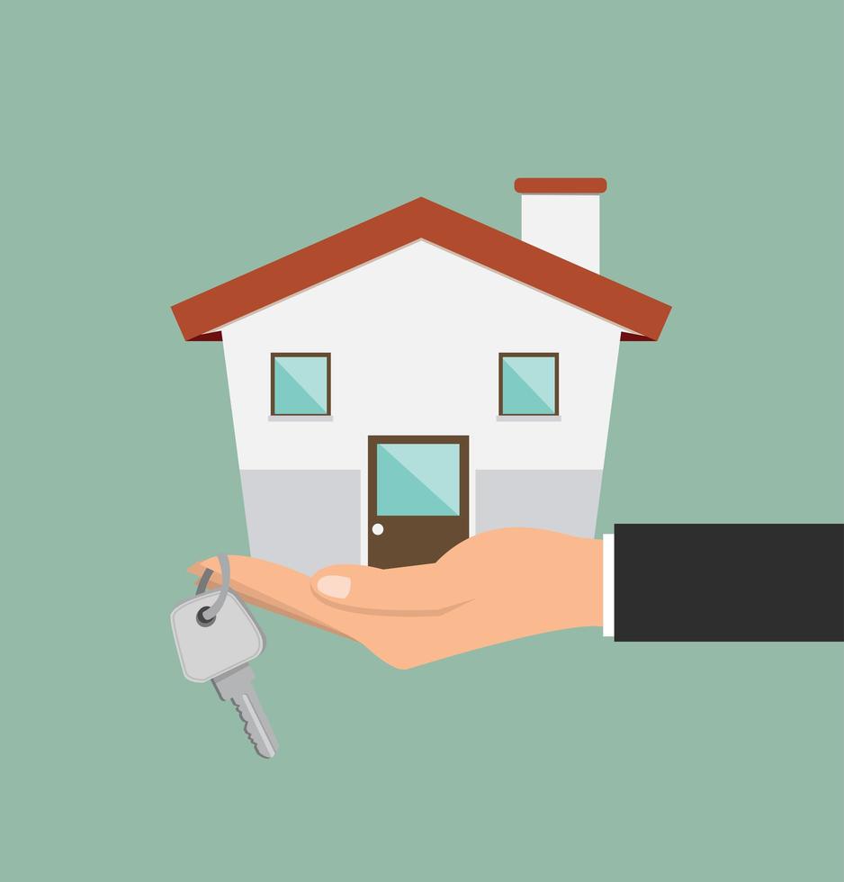 Hand agent with a new house and key vector