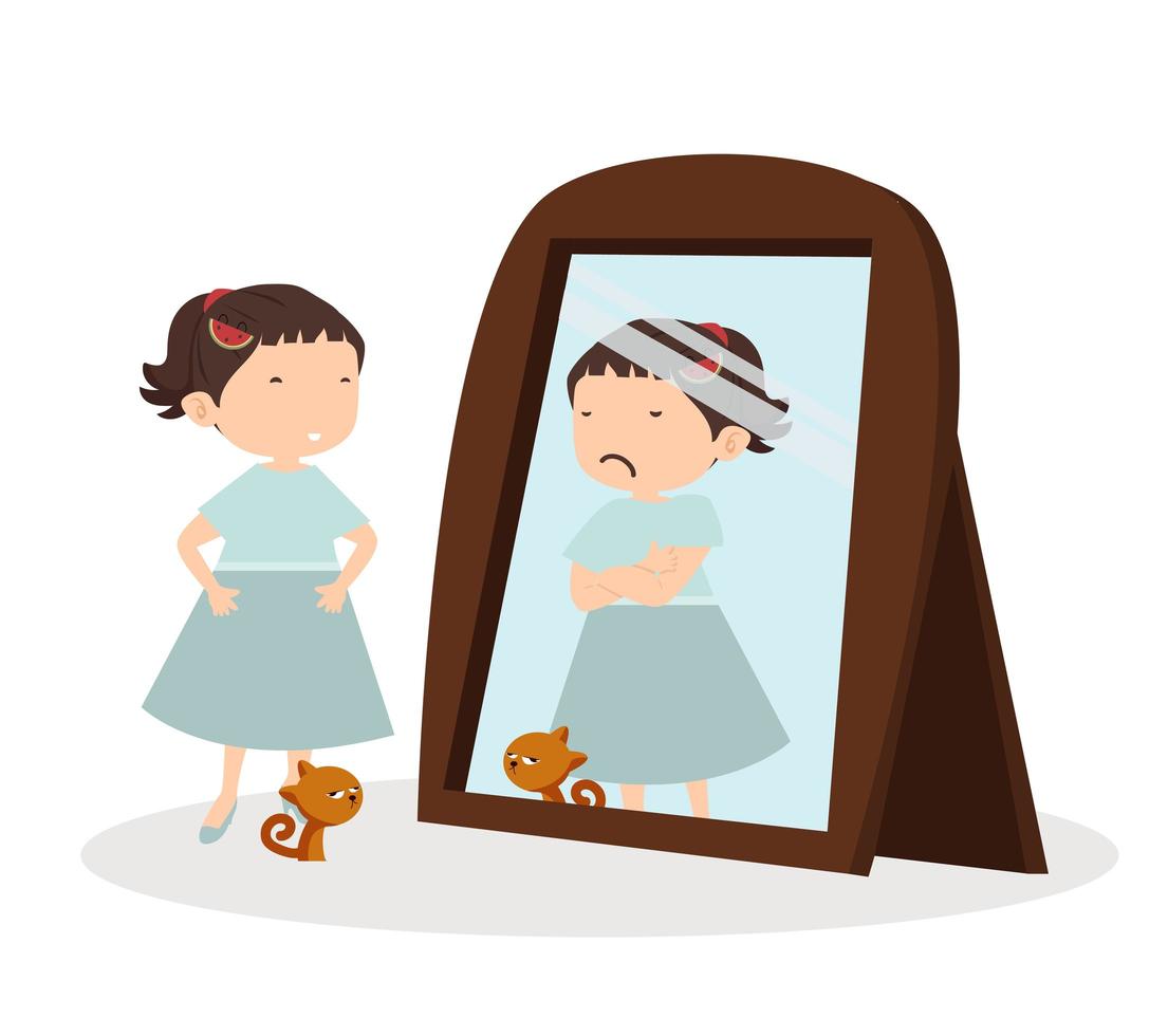 Cute Girl happy looking and cat standing in front of the mirror vector