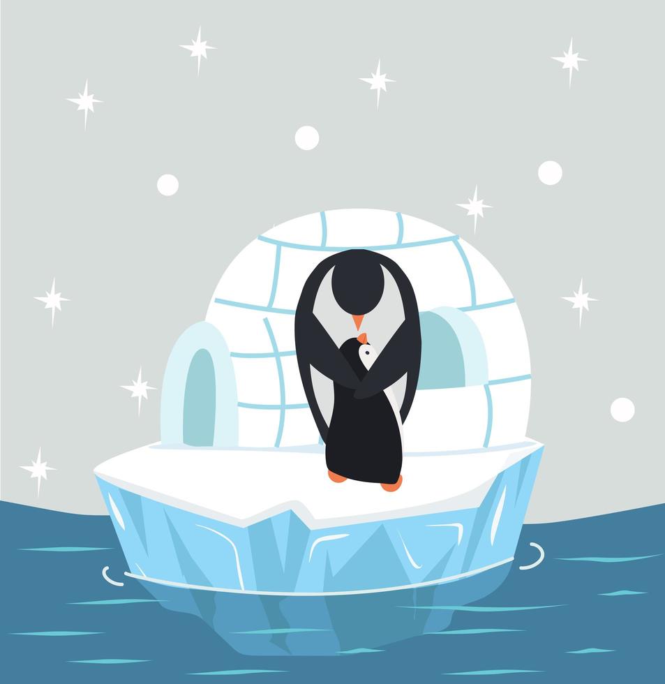 lindo pingüino mamá y bebé con casa de hielo iglú vector