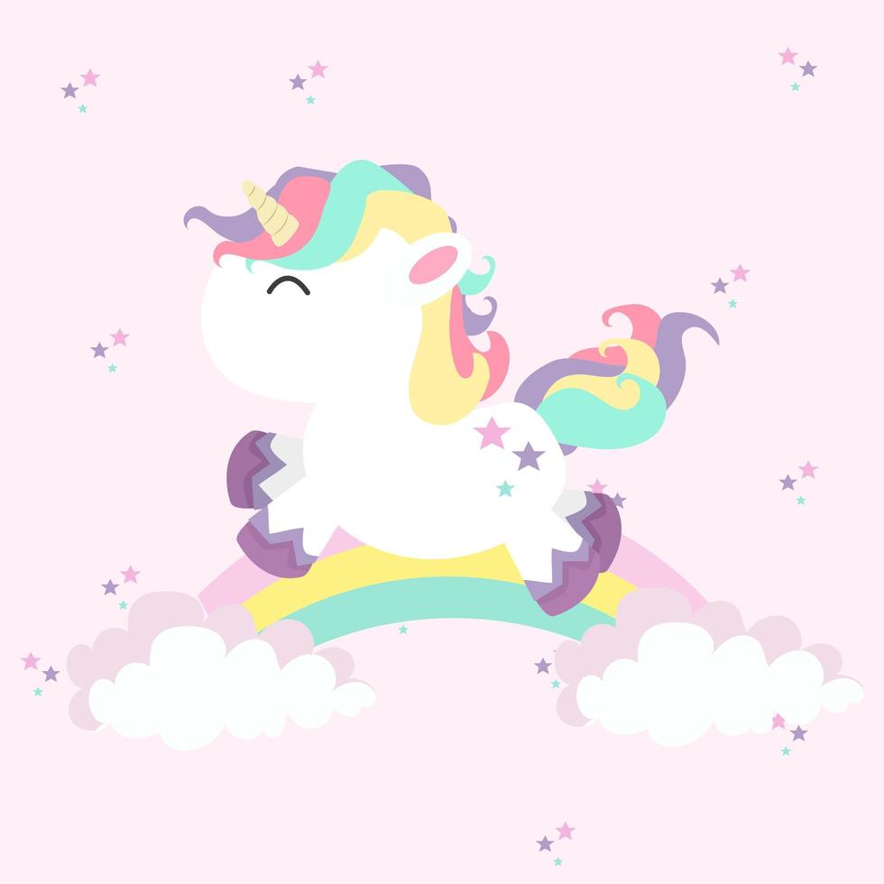 unicornio mini con arcoíris en colores pastel vector