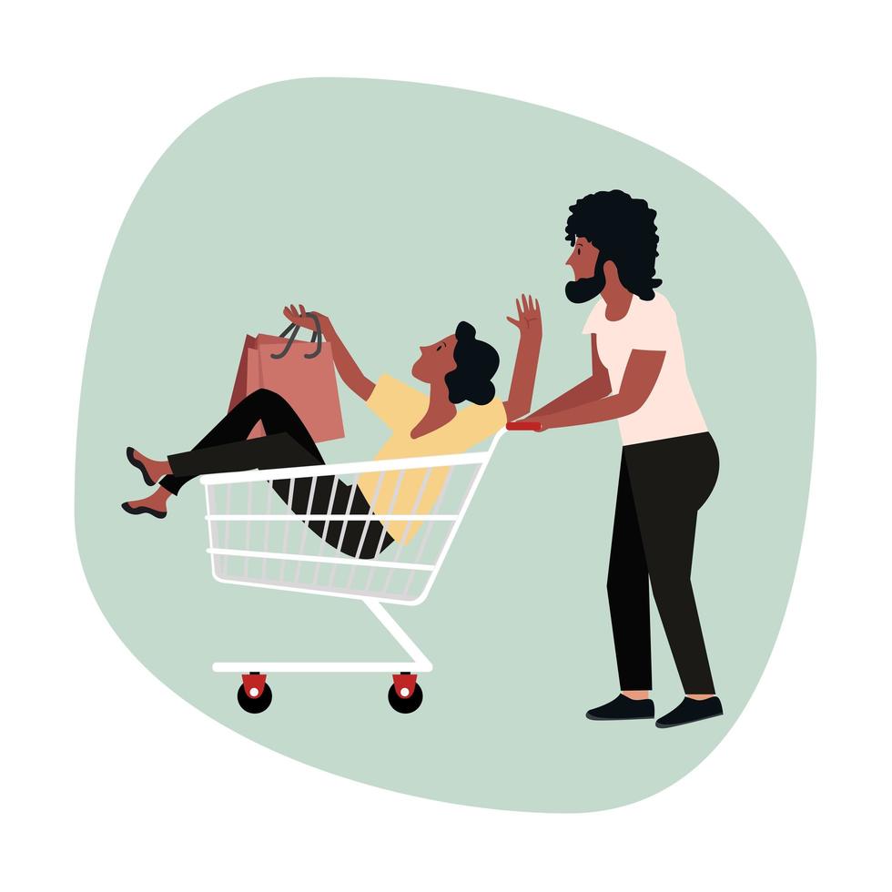 Man pushing a woman on the shopping cart vector