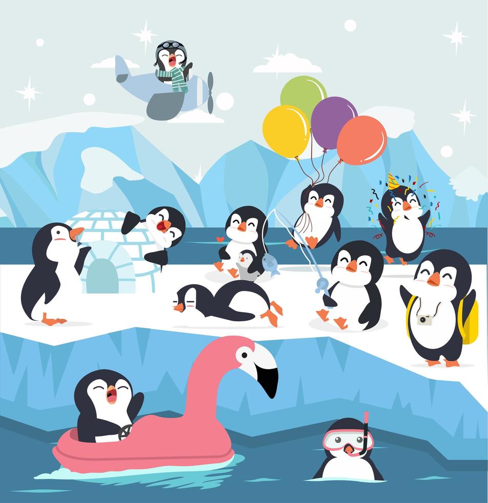 conjunto de lindo pingüino de dibujos animados haciendo actividades vector