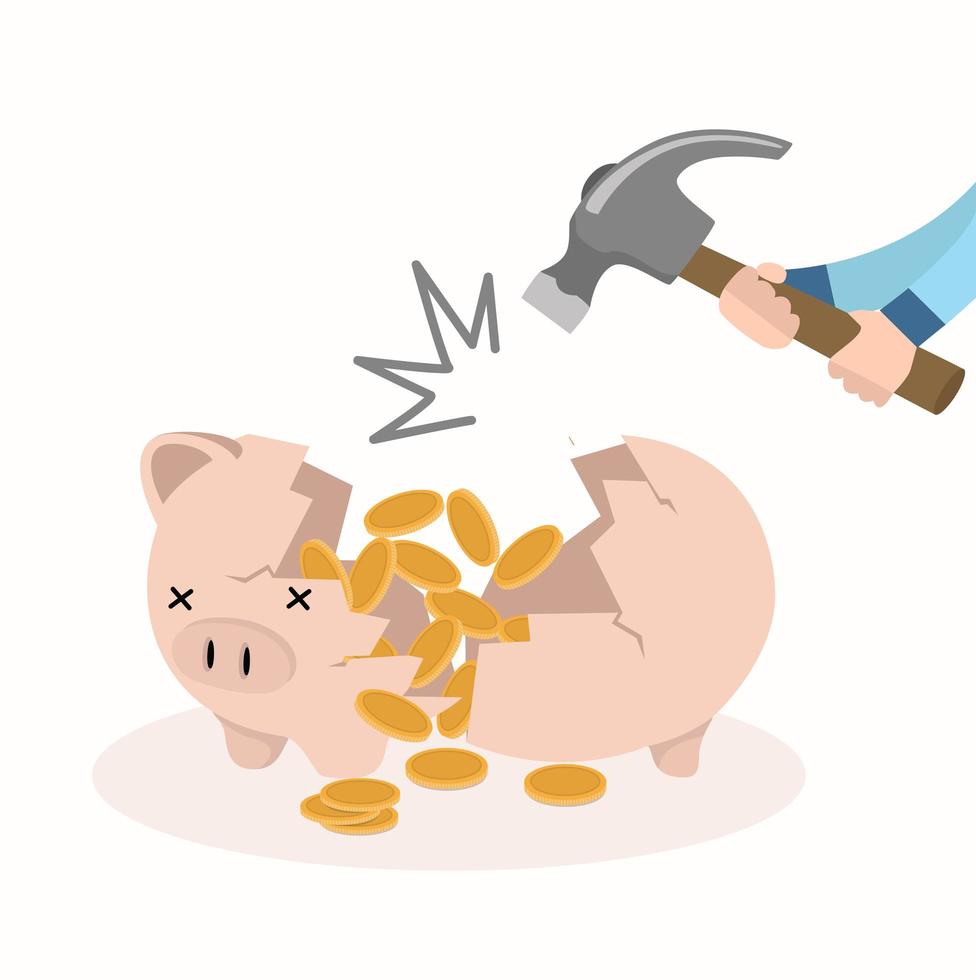 Hammer breaking a piggy bank vector