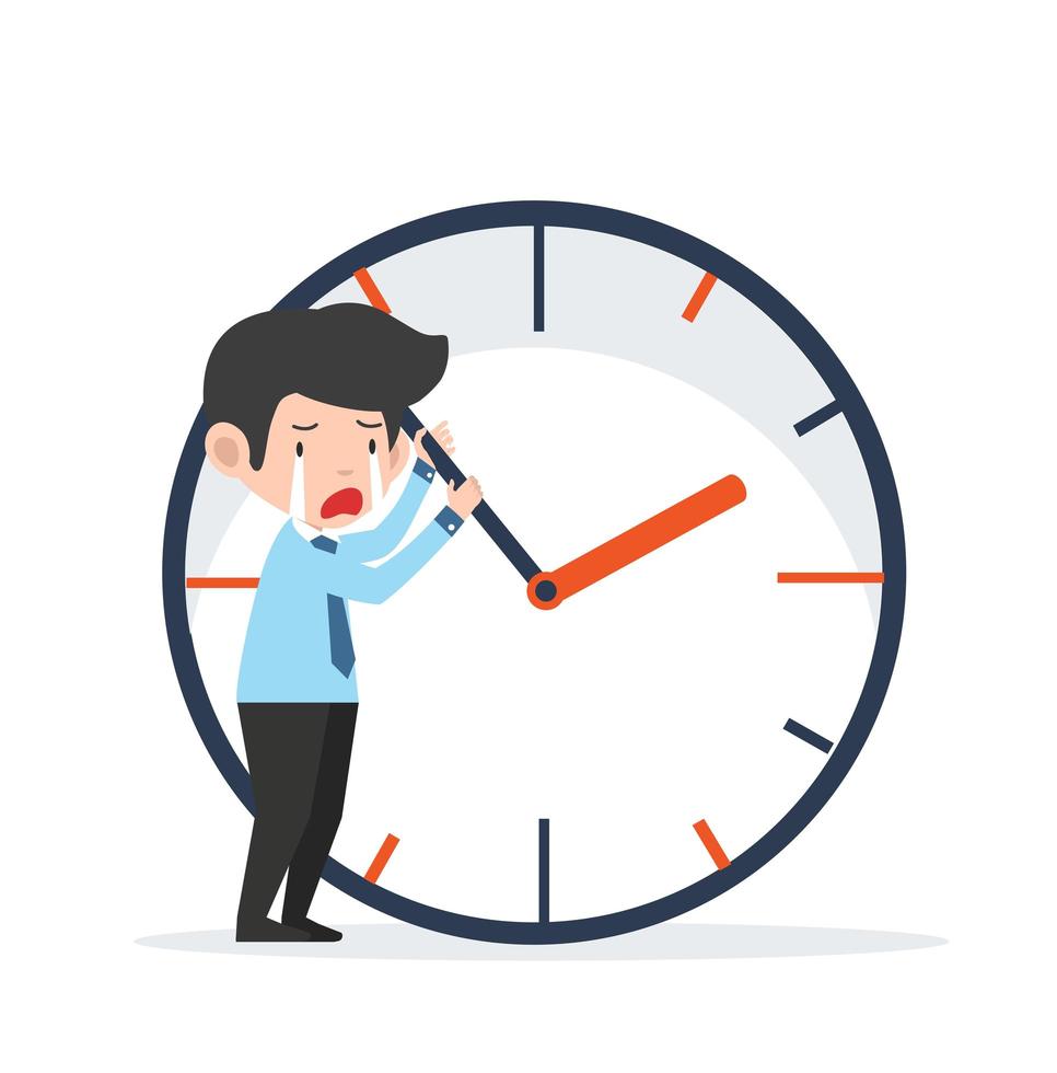 Sad businessman trying to stop the time vector
