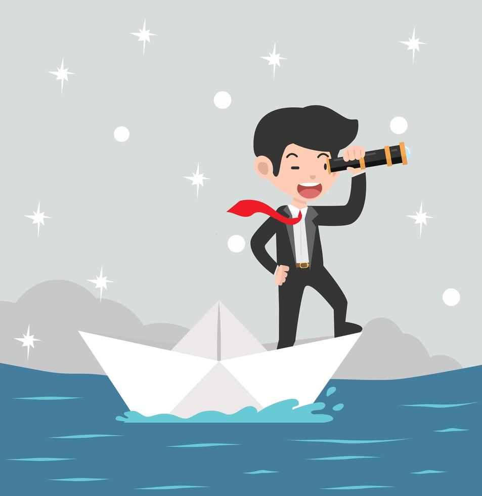 Businessman with spyglass on a paper boat vector