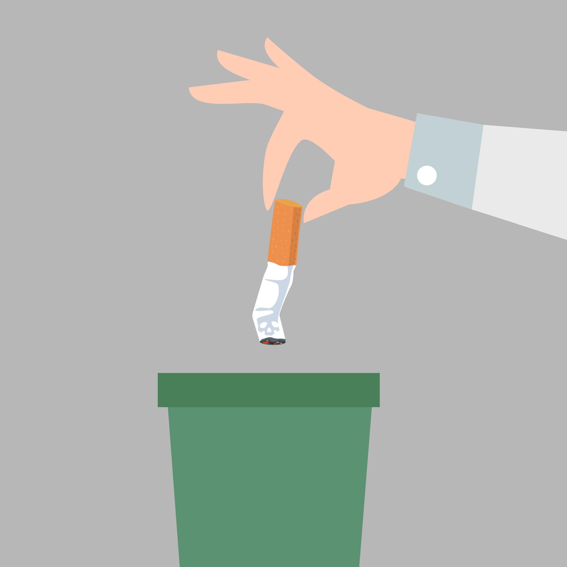 Hand putting a cigarette in a trash bin flat style 1886352 Vector Art