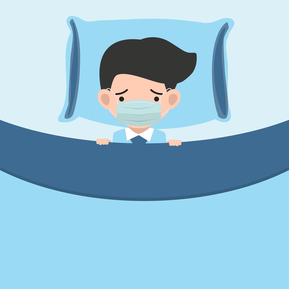 Sick businessman with medical mask in bed vector