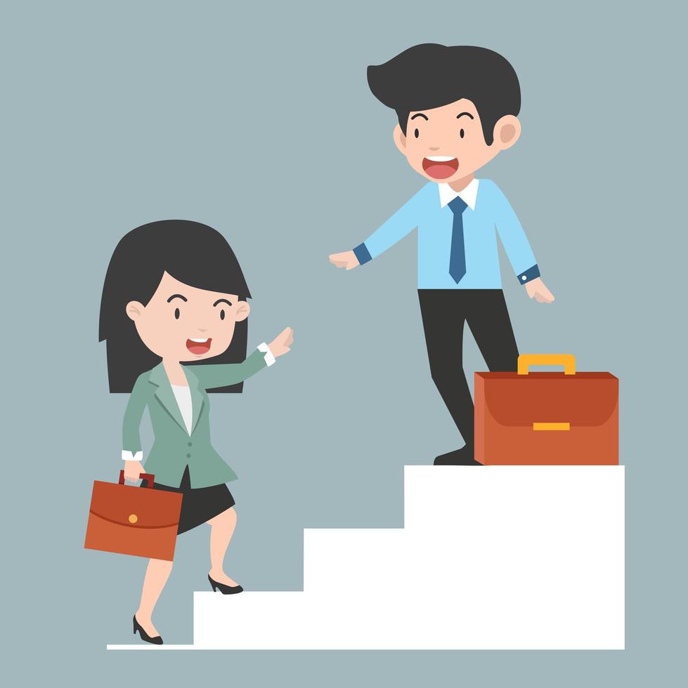 businessman helping a businesswoman to climbing up the stairs vector