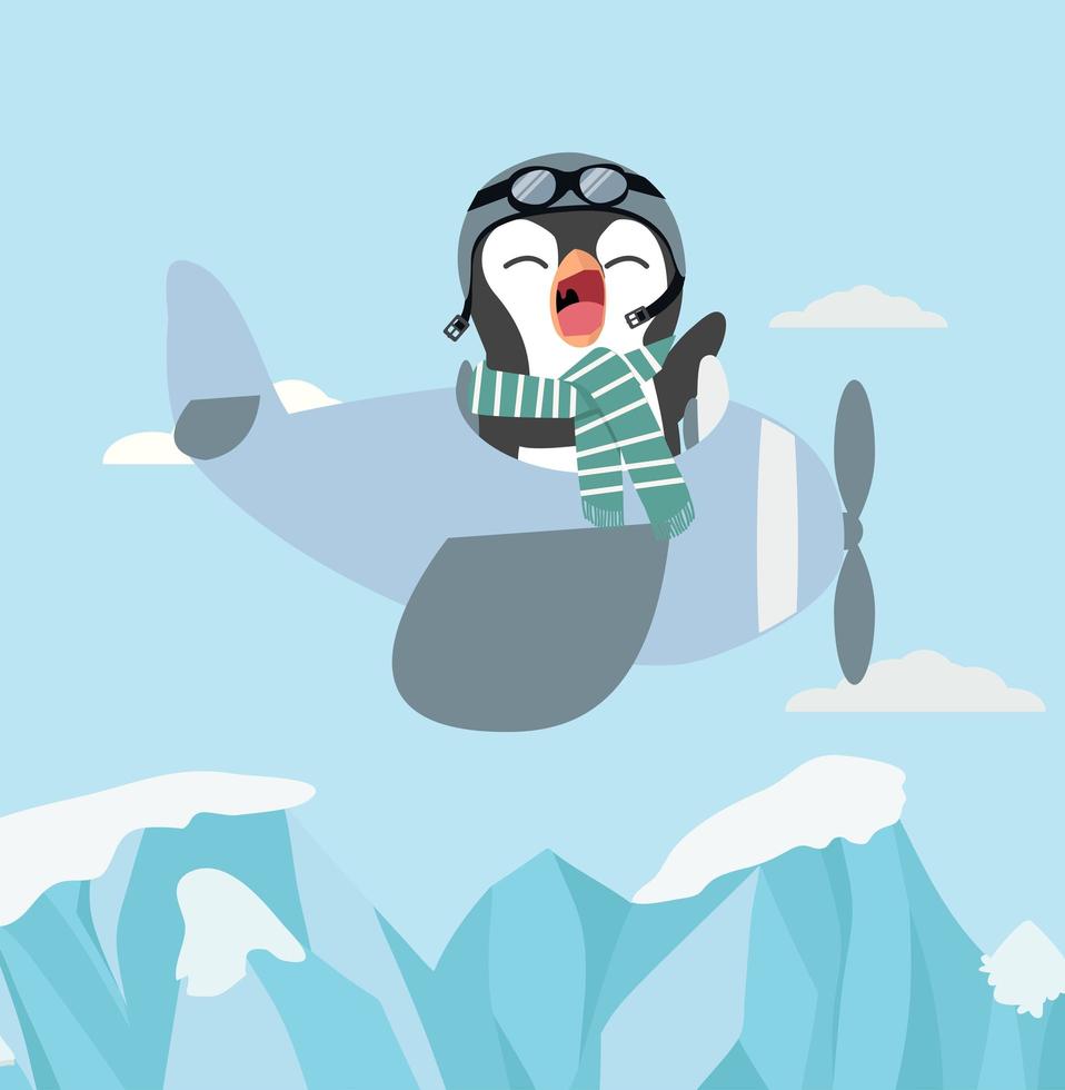 Cute penguin flying on a plane vector