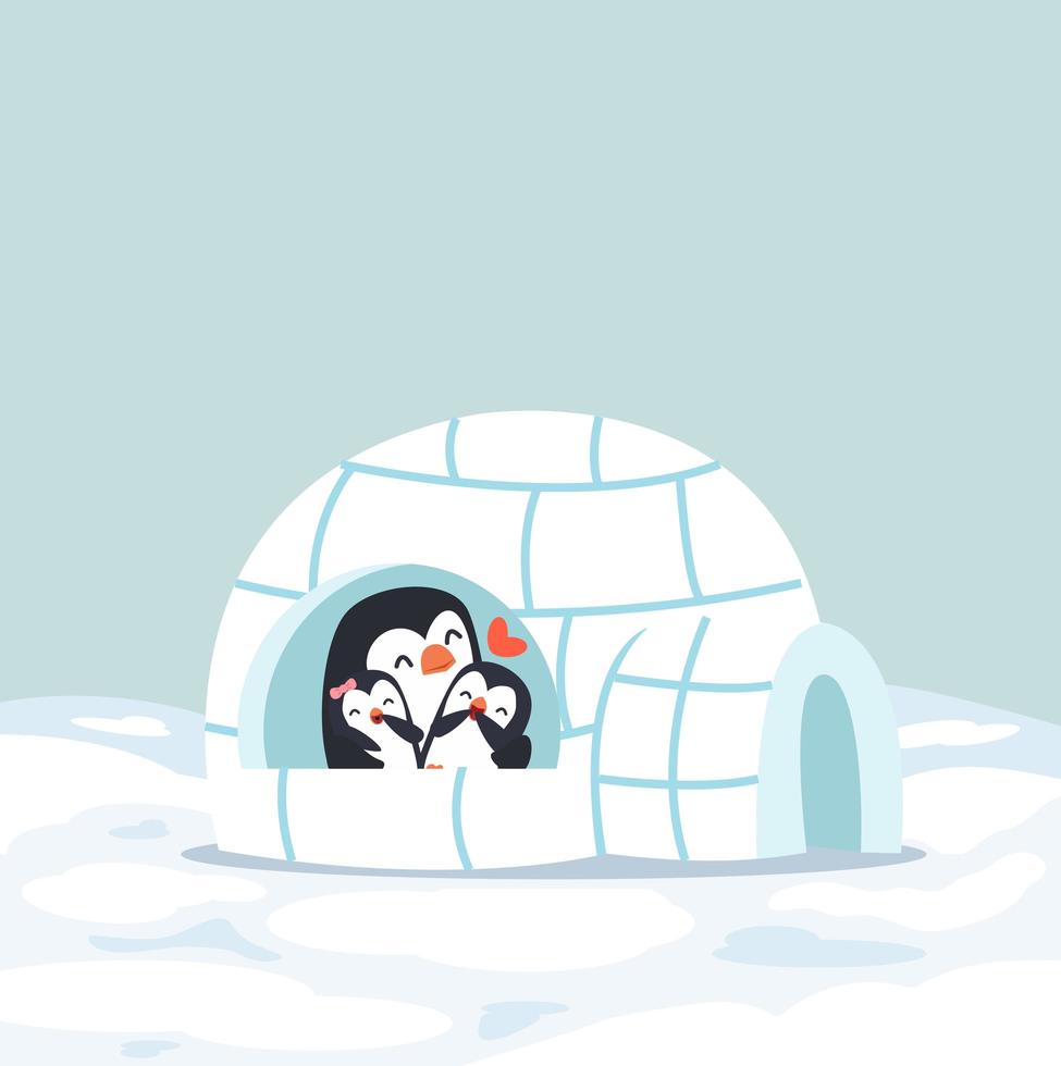 Penguin mom with baby in an igloo ice house vector