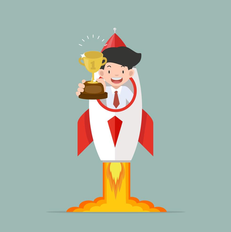Businessman holding a trophy cup on a rocket vector