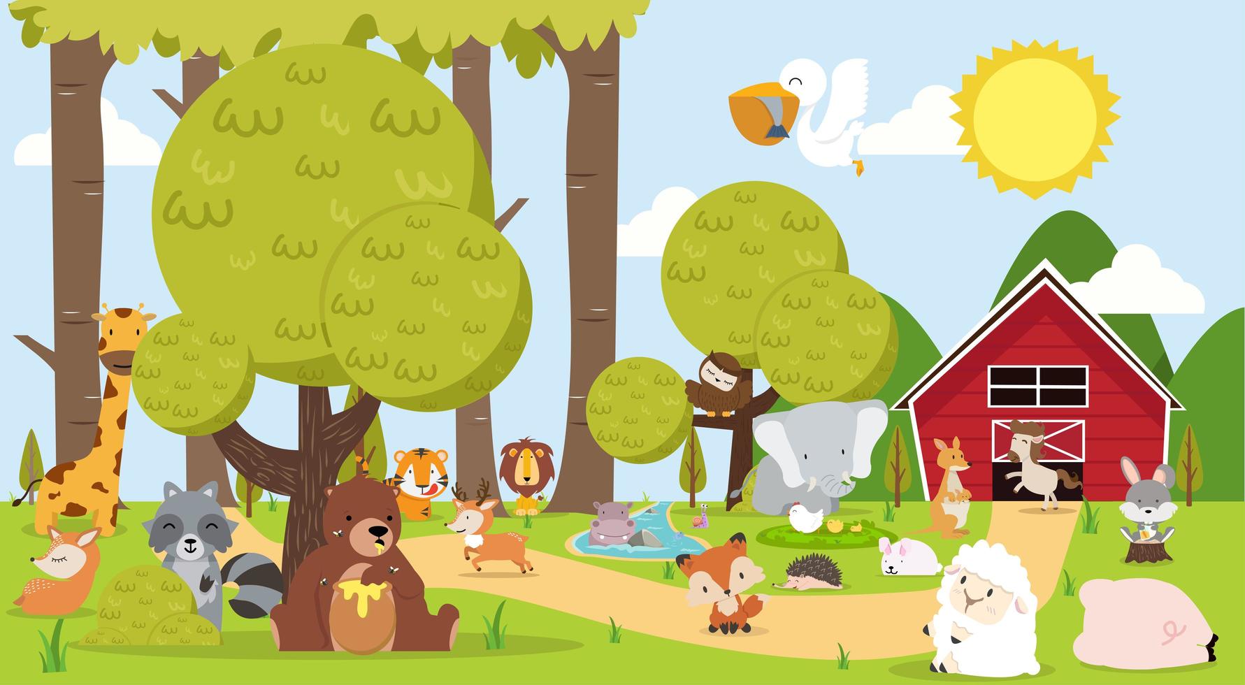 cute farm landscape with animals vector