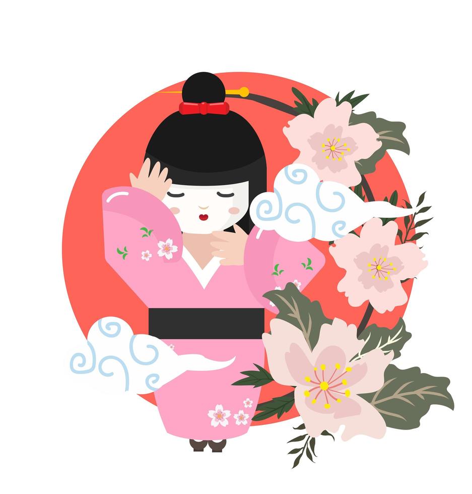 cute geisha girl with flowers vector