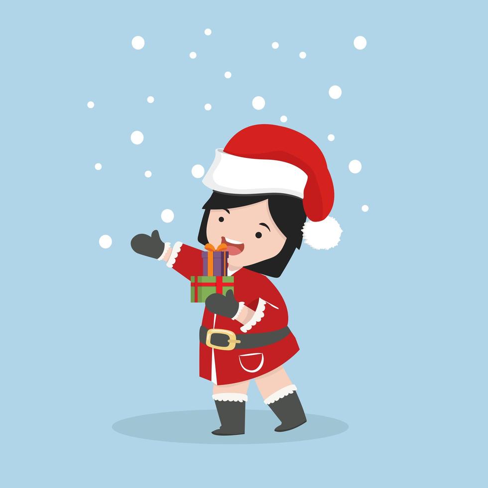 Small Girl in Santa Claus costume with gift box vector