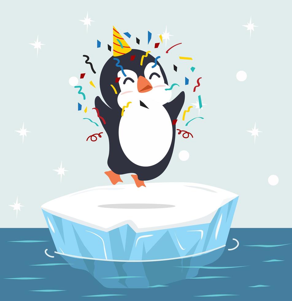 lindo pingüino con sombrero de fiesta en vector de témpano de hielo