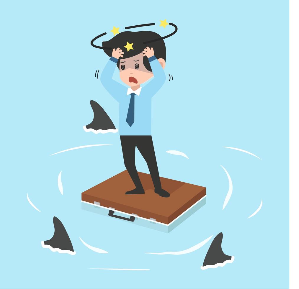 Worried Businessman Standing On a Briefcase with fin sharks around vector