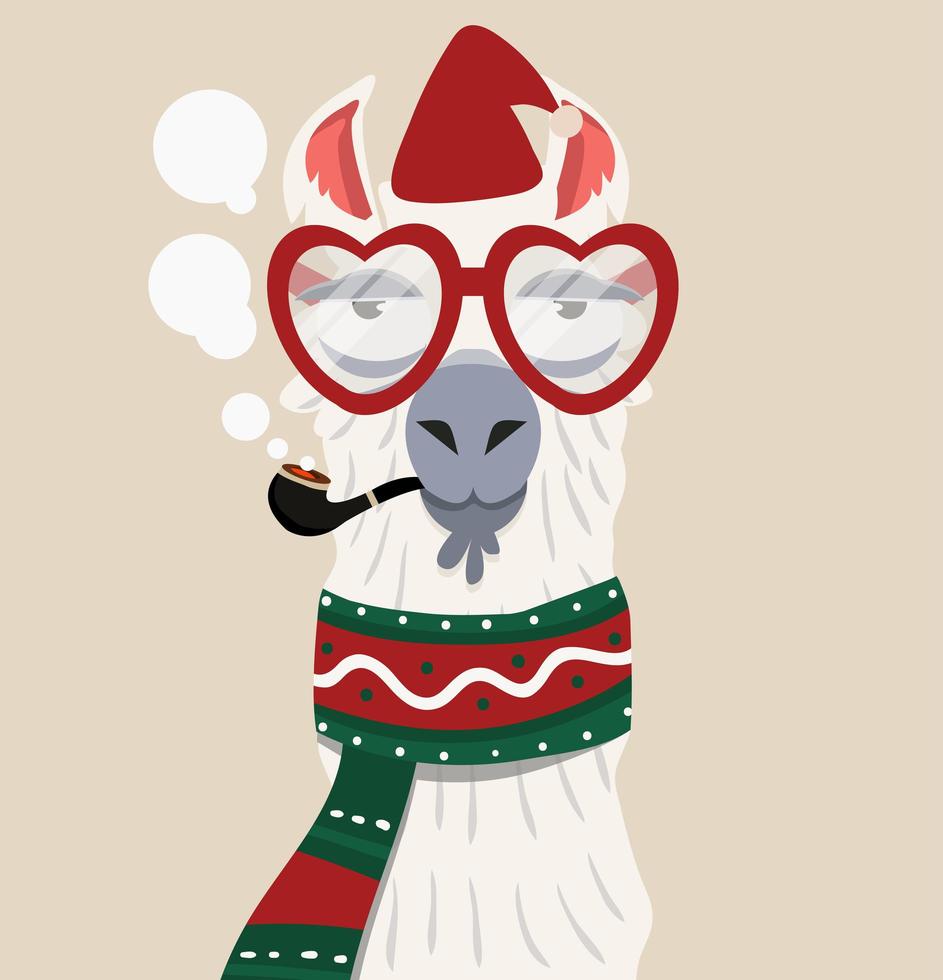 Christmas llama smoking a pipe vector