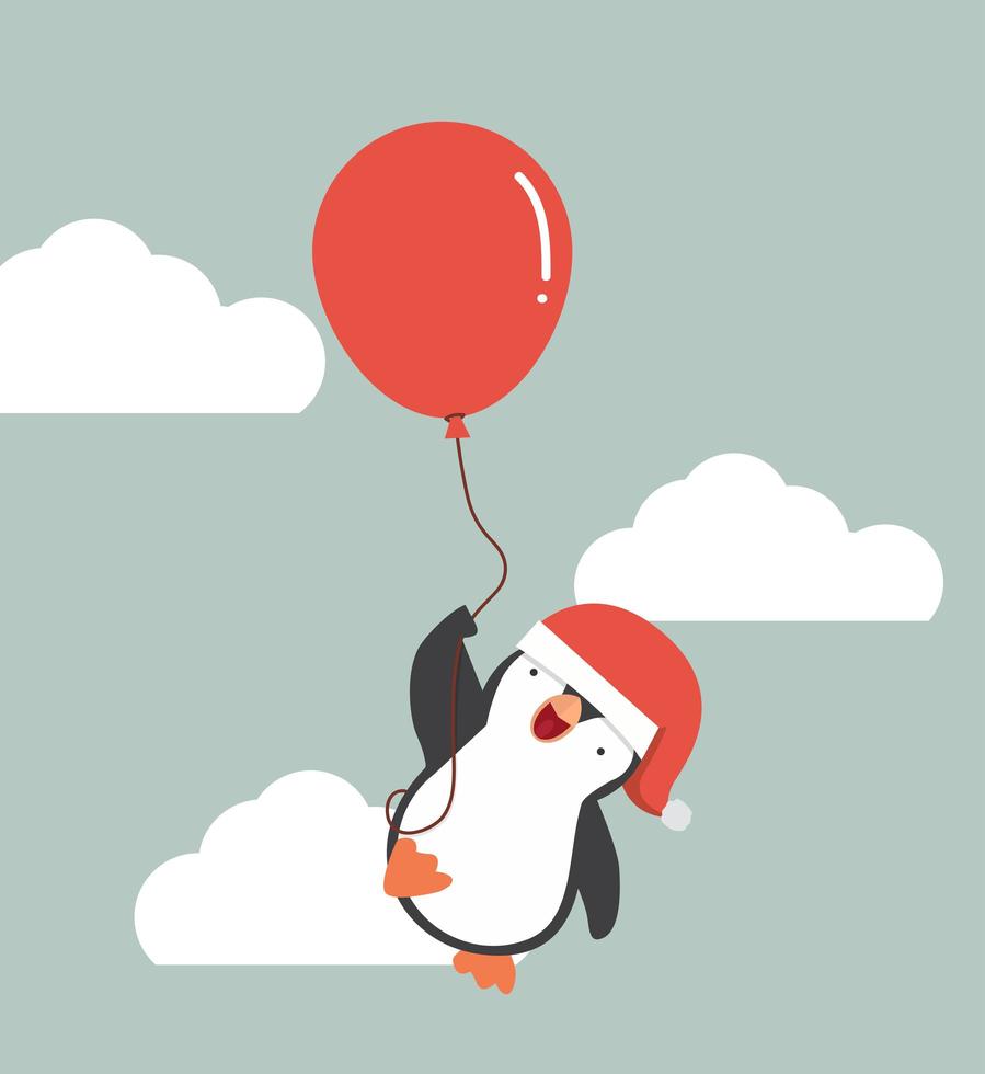 lindo pingüino volando negro con globo vector