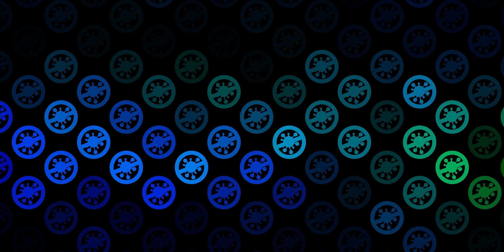 Telón de fondo de vector azul oscuro, verde con símbolos de virus.