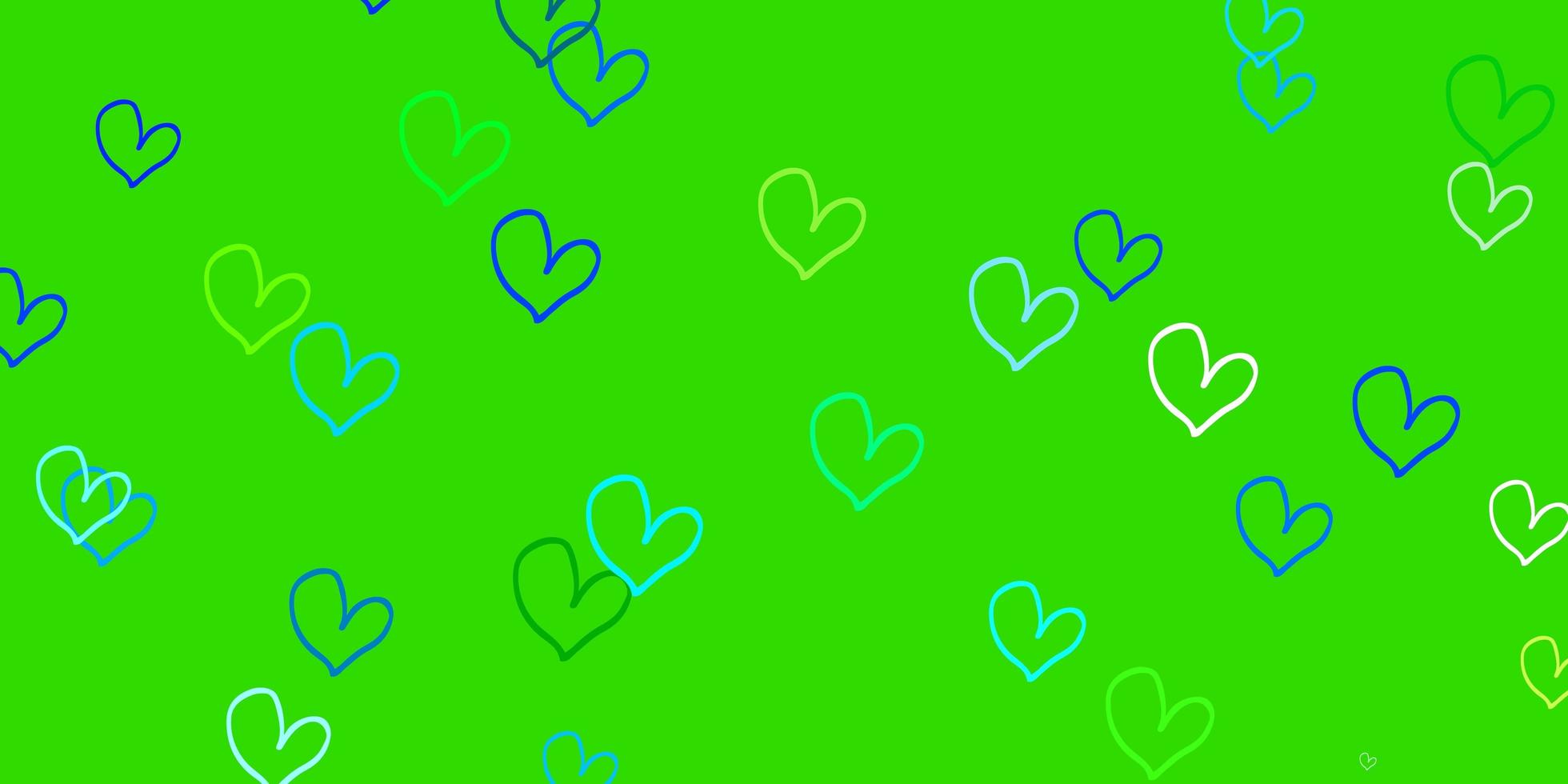 plantilla de vector azul claro, verde con corazones de doodle.