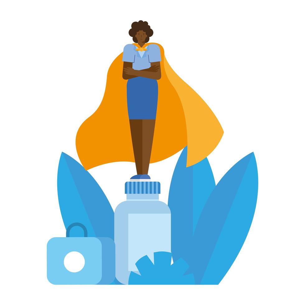 professional female doctor with hero cape standing on medicine bottle vector