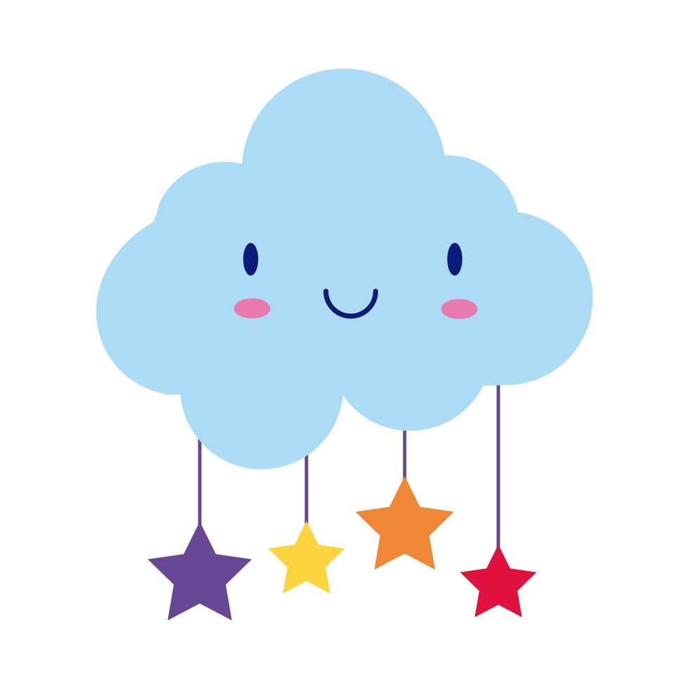 cloud with hanging stars, kawaii comic character flat style vector