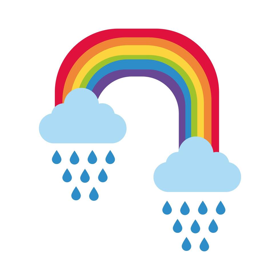 lindo arco iris con icono de estilo plano de nubes de lluvia vector