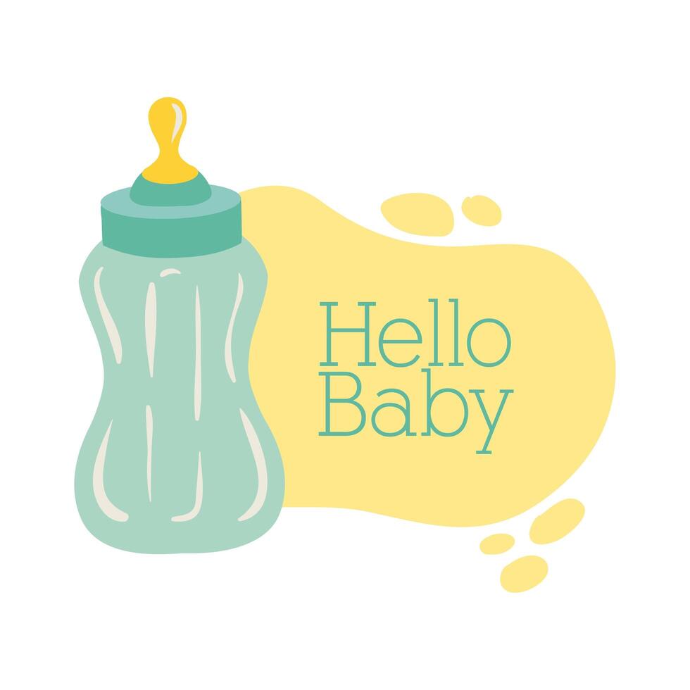 baby shower card with milk bottle and hello baby lettering, hand draw style vector