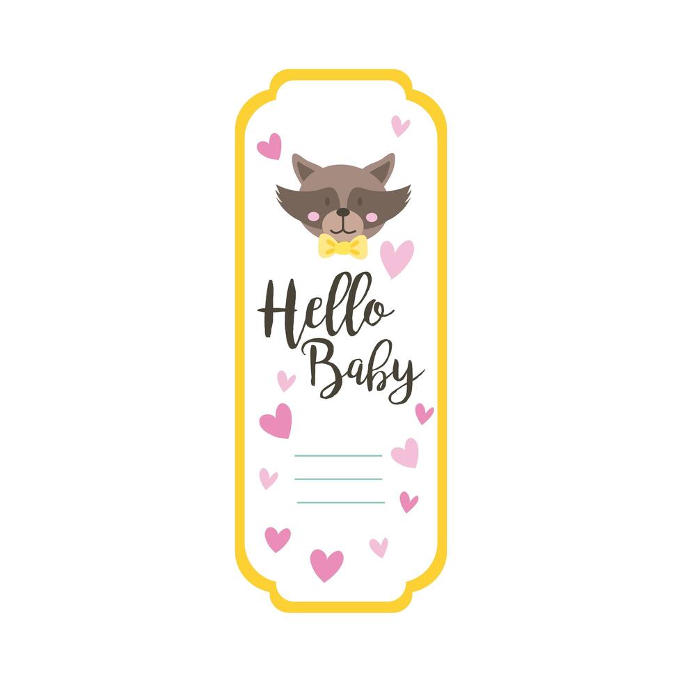 baby shower frame card with raccoon and hello baby lettering hand draw style vector