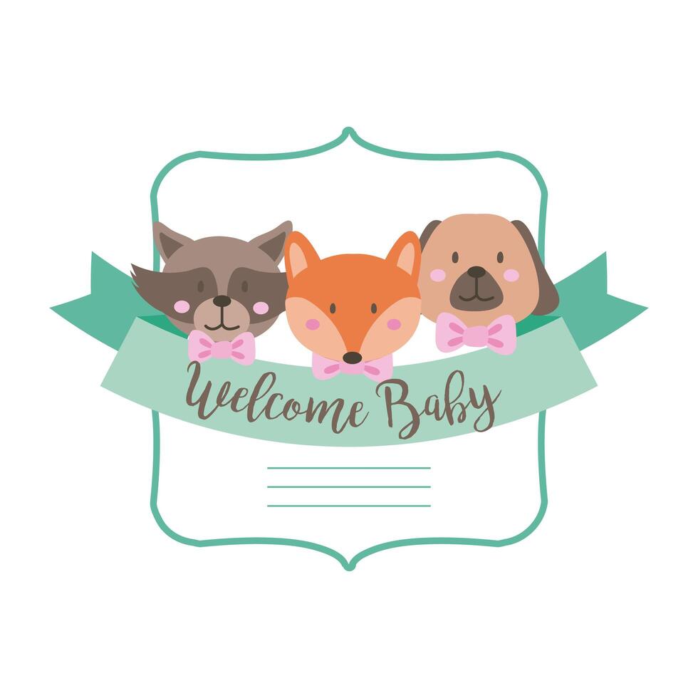 tarjeta de baby shower con animales y letras de bienvenida al bebé, estilo de dibujo a mano vector