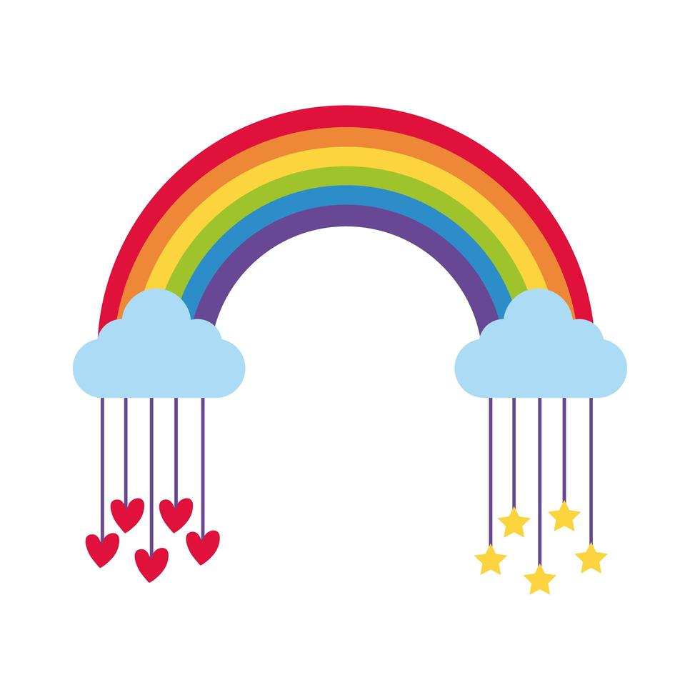 cute rainbow with hanging stars and hearts flat style icon vector