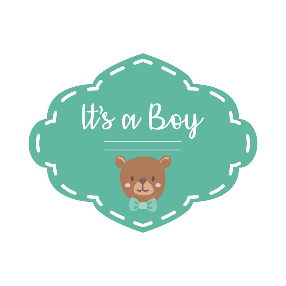 baby shower card with teddy bear and lettering it's a boy, hand draw style vector