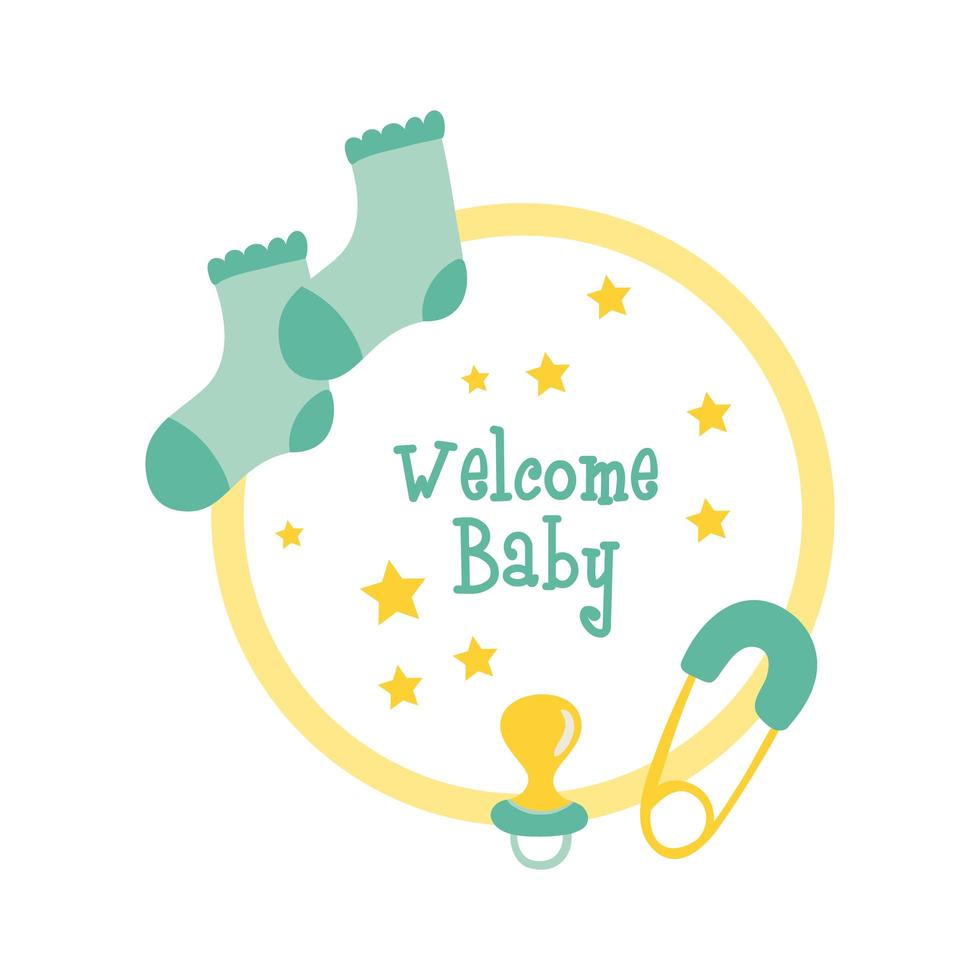 tarjeta de baby shower con calcetines y letras de bienvenida al bebé, estilo de dibujo a mano vector