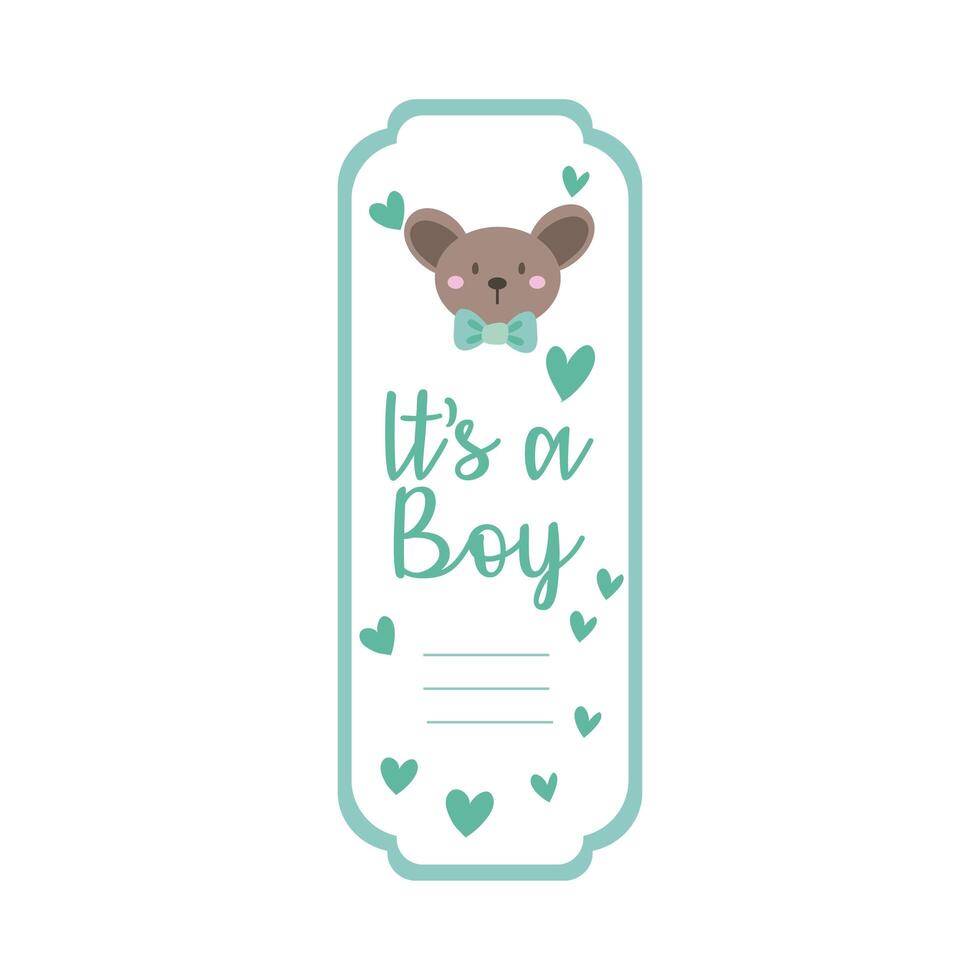 tarjeta de baby shower con koala y letras es un niño, estilo de dibujo a mano vector