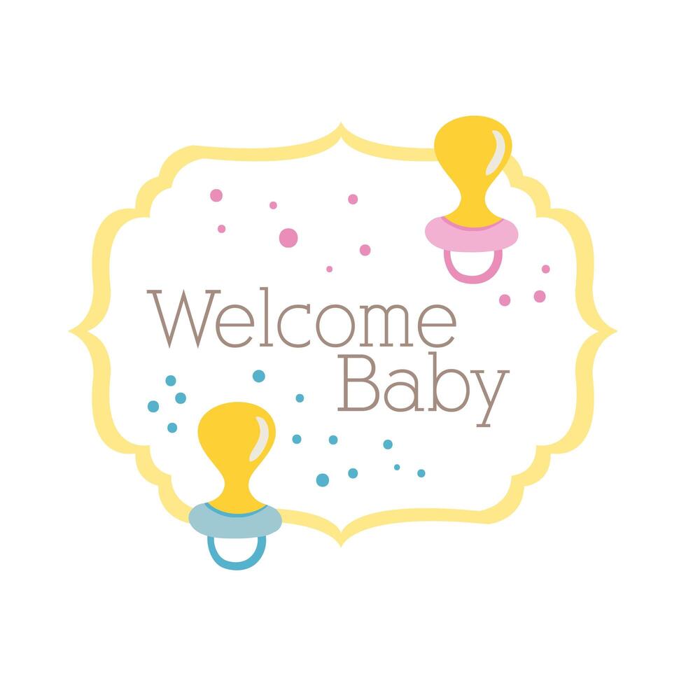 baby shower frame card with pacifiers and welcome baby lettering, hand draw style vector