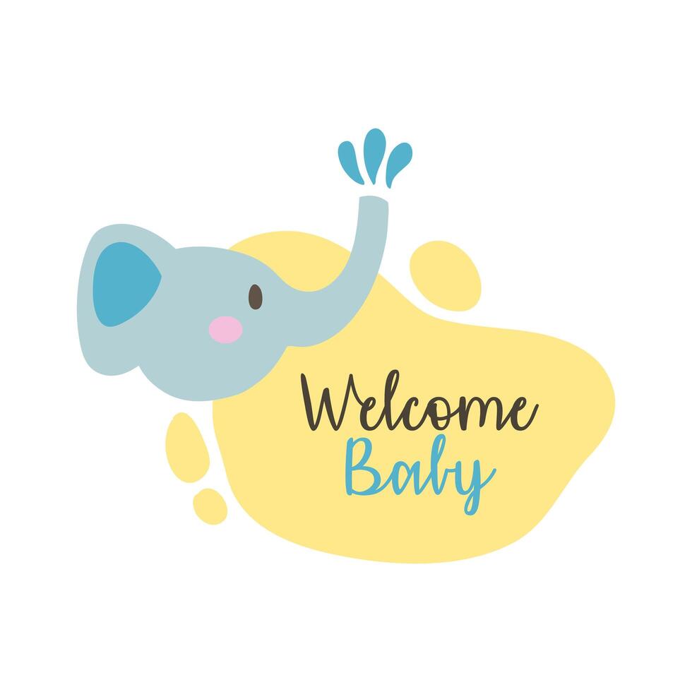 tarjeta de marco de baby shower con elefante y letras de bienvenida al bebé, estilo de dibujo a mano vector