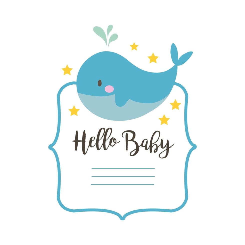 baby shower frame card with whale and hello baby lettering, hand draw style vector