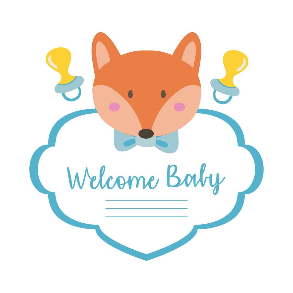 baby shower card with little fox and welcome baby lettering, hand draw style vector