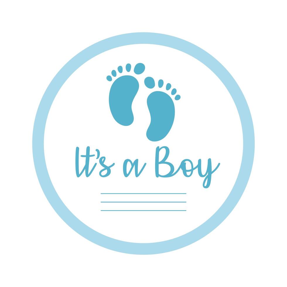 baby shower card with foot print and lettering it's a boy in hand draw style vector