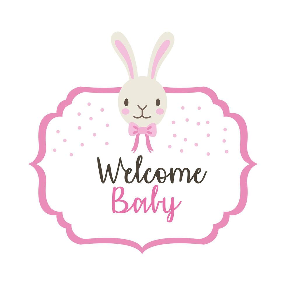 tarjeta de baby shower con conejo y letras de bienvenida al bebé, estilo de dibujo a mano vector